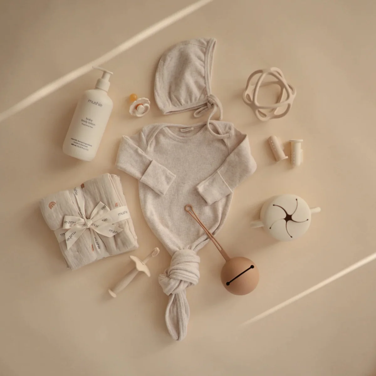 Mushie Babymutsje Bonnet Beige Melange - Image 5